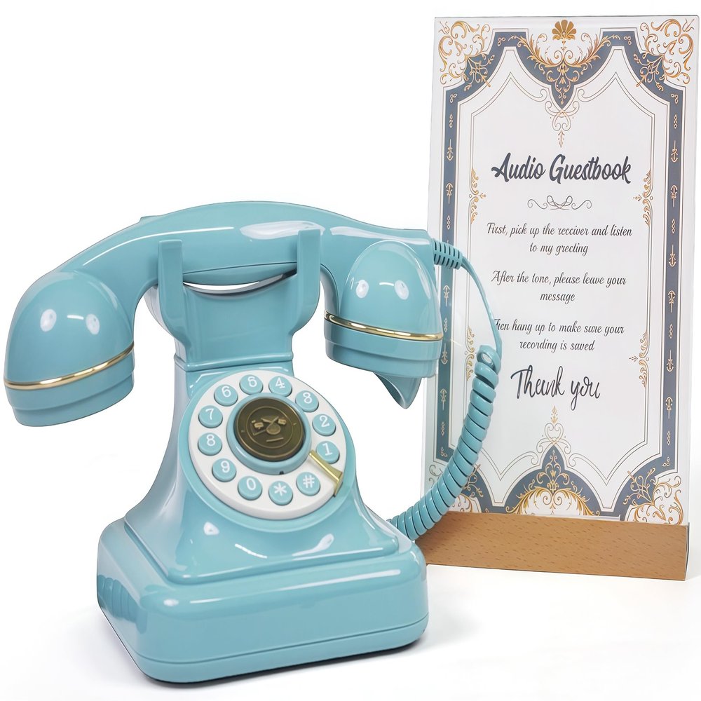 RetroVox Audio Guest Book Wedding Phone Guestbook and Signage Guest Audio Message Book, Vintage Style for Wedding Reception, Bridal Shower, Baby ShowerA Sky Blue