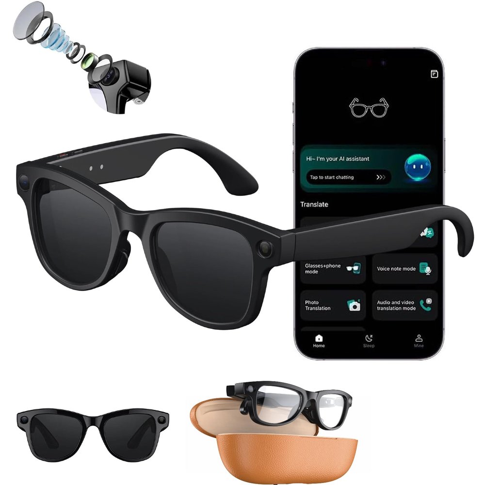 AI Smart Glasses with 8MP 4K Anti-Shake Camera, Bluetooth 5.3 Open-Ear Audio Sunglasses, Real-Time Translation, GPT Object Recognition, Dual ENC Mic, WiFi Transmission for Vlog Travel Business
