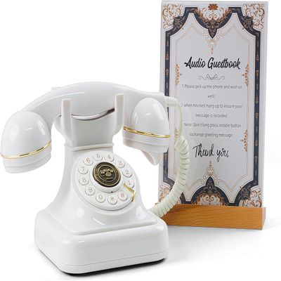 RetroVox Audio Guest Book Wedding Phone Guestbook and Signage Record Customized Audio Messages with Voicemail, Vintage Style for Bridal Shower, Birthday Party, Baby Shower (A White)