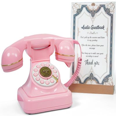RetroVox Audio Guest Book Wedding Phone Guestbook and Signage Record Customized Audio Messages with Voicemail, Vintage Style for Bridal Shower, Birthday Party, Baby Shower (A Pink)
