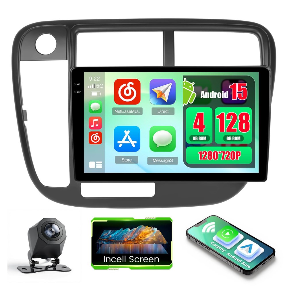 Realdio 4+64GB Android 15 for Honda Civic 1996-2001 Car Radio Wireless Carplay Android Auto, 9" 1280 * 720P in-Cell Touch Screen WiFi Bluetooth5.0 GPS FM/RDS EQ SWC + Backup Camera MIC