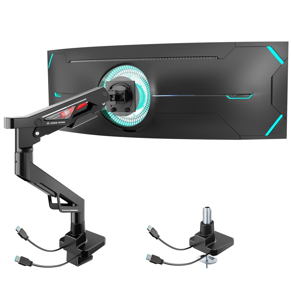 ARES WING Premium Monitor Arm, Ultrawide Monitor Stand up to 57 and 66 Lbs, Gas Sprinq Monitor Mount with USB, Height Adjustable Arms Monitor Stand, Various VESA Mount with Clamp/Grommet Base