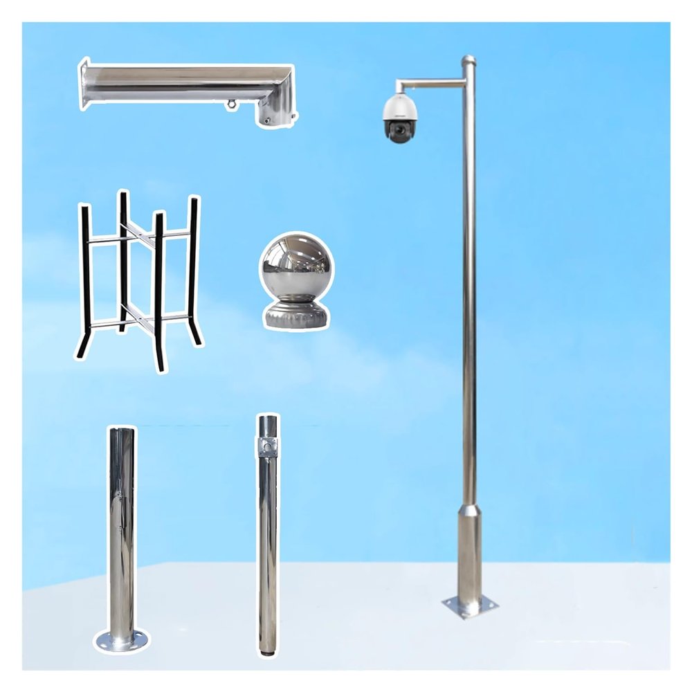 Outdoor Surveillance Camera Pole 2-6m, Stainless Steel Security Camera Post Stand with Bracket & Ground Base Cage, Adjustable Height for Universal Use (14.8 ft / 450cm)