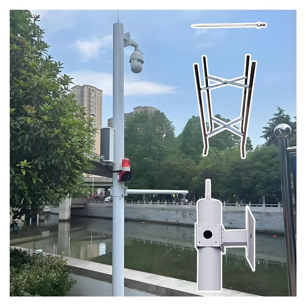 3m Galvanized Steel Camera Mount Post with Ground Base Cage & 40cm Lightning Rod, Adjustable 2-6m White Security Camera Stand for Surveillance Systems (H-600cm)