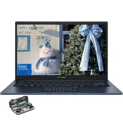 ASUS Vivobook 14 Laptop, 14" IPS 1920 x 1080 (Full HD) LED Display, Intel i5-120U, Deca-Core, 8GB RAM, 256GB SSD, HDMI, Quiet Blue, Windows 11 Home in S Mode, TWE Wireless Earbuds