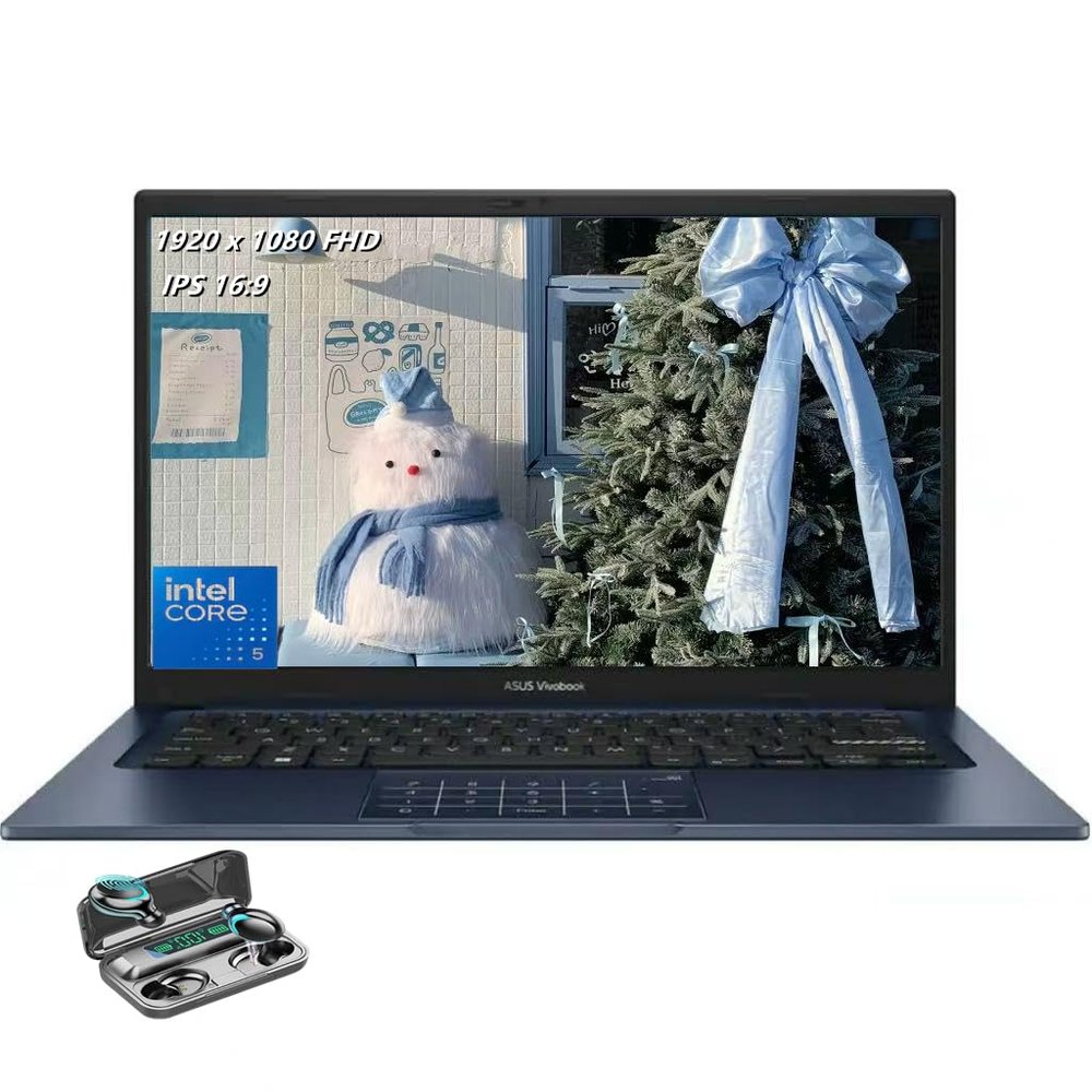 ASUS Vivobook 14 Laptop, 14" IPS 1920 x 1080 (Full HD) LED Display, Intel i5-120U, Deca-Core, 8GB RAM, 256GB SSD, HDMI, Quiet Blue, Windows 11 Home in S Mode, TWE Wireless Earbuds