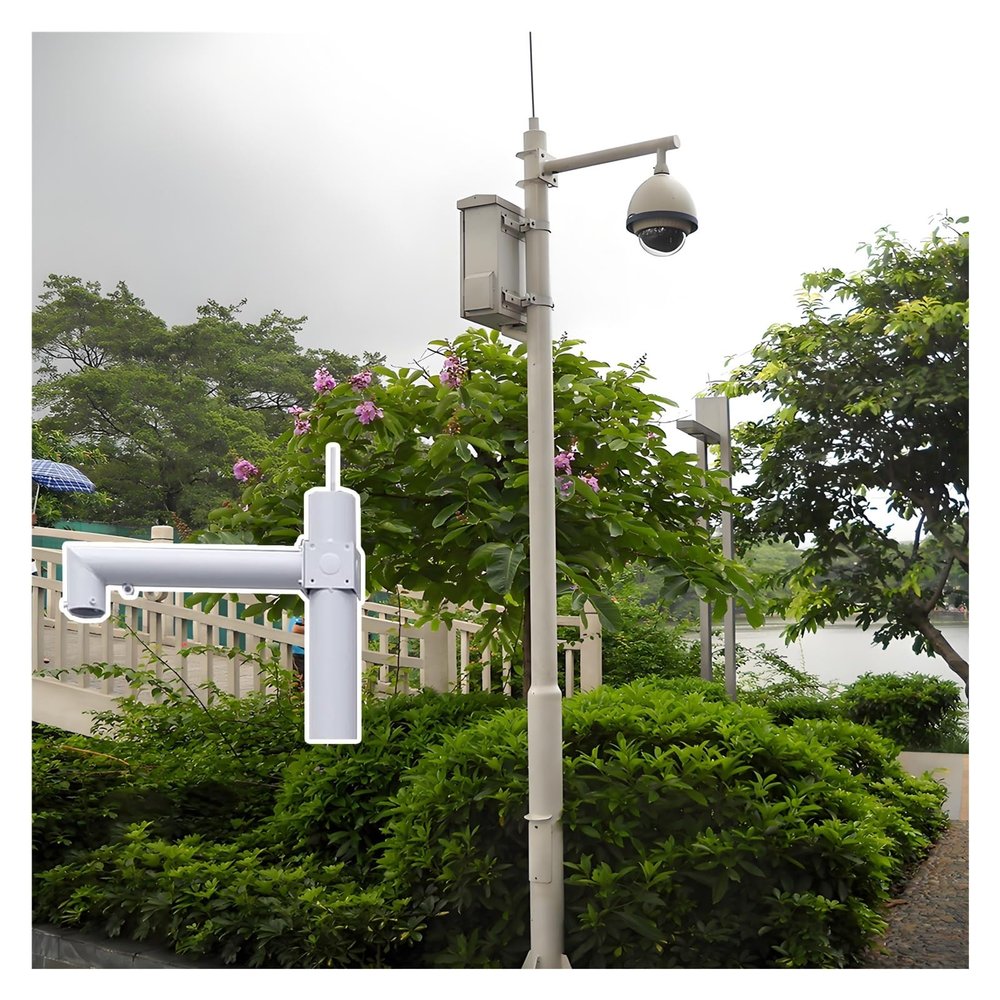 White Metal Surveillance Camera Stand Kit, Adjustable 2-6M Height, Outdoor Security Column Holder for Home, Farm, Warehouse, Mall - Durable & Weatherproof