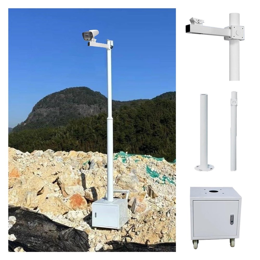 Detachable Mobile Surveillance Pole for Construction Sites, Adjustable Height 6.6-13.1ft, 4 Universal Wheels, Lockable Storage Box - Portable CCTV Stand