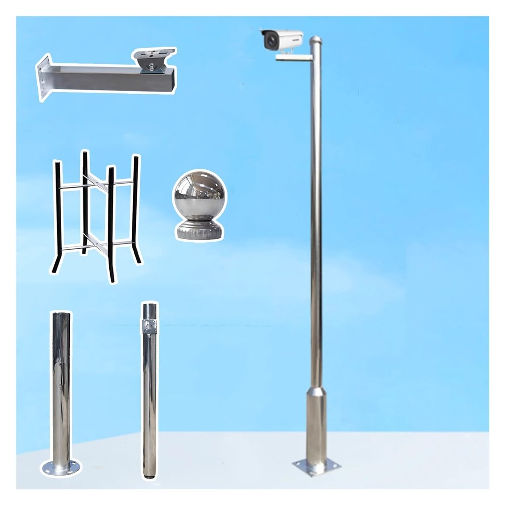 Outdoor Surveillance Camera Pole 2-6m, Stainless Steel Security Camera Post with Bracket & Ground Base Cage for Universal Use (8.2 ft/250cm) - Durable & Adjustable Support Stand