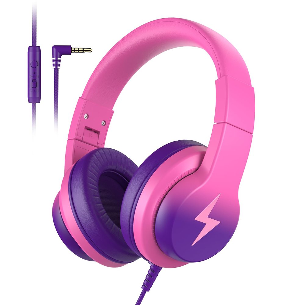 Candy Bila Kids Headphones, Wired Headphones for Kids Over Ear with Microphone, 85/94dB Volume Limiter Headphone for Girls Boys, Foldable Headphone for Learning, Deep Purple and Pink