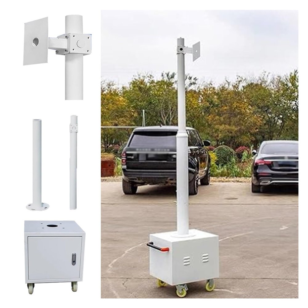 Mobile Security Camera Pole with 4 Wheels, Adjustable 7-13.5ft CCTV Stand, Easy Assemble & Disassemble White Surveillance Post for Universal Use