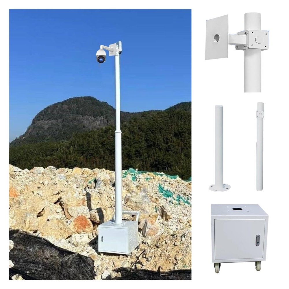 Detachable Mobile Surveillance Pole for Construction Sites, Adjustable 6.6-13.1ft Height, 4 Universal Wheels & Lockable Storage Box for Easy Transport and Security