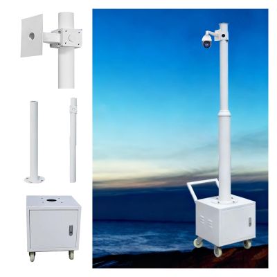 Adjustable CCTV Camera Pole Stand with 4 Wheels & Storage Box - Splicing Type Security Post, 2 Sections, Height 7.5-14.8ft for Surveillance Systems