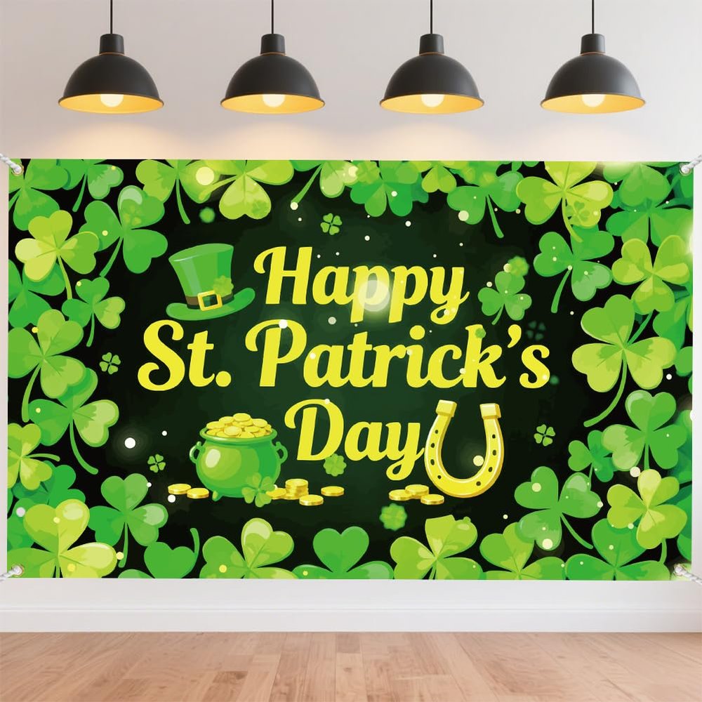CRAFTYMELODY Happy St. Patrick's Banner 7244 Inch Large Shamrock Backdrop Green Clover Lucky Day Backdrop Holiday Party Decor Wall Banner Background Indoor Outdoor Decor with Grommet 3.2 Yard String