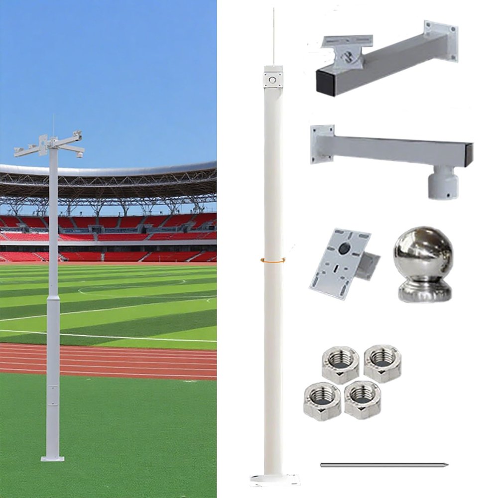 4m Security Camera Pole - Durable Segmented Steel Surveillance Stand with 3 Cross-Arm Options & Ground Cage Screws for Outdoor Cameras - Heavy Duty Support