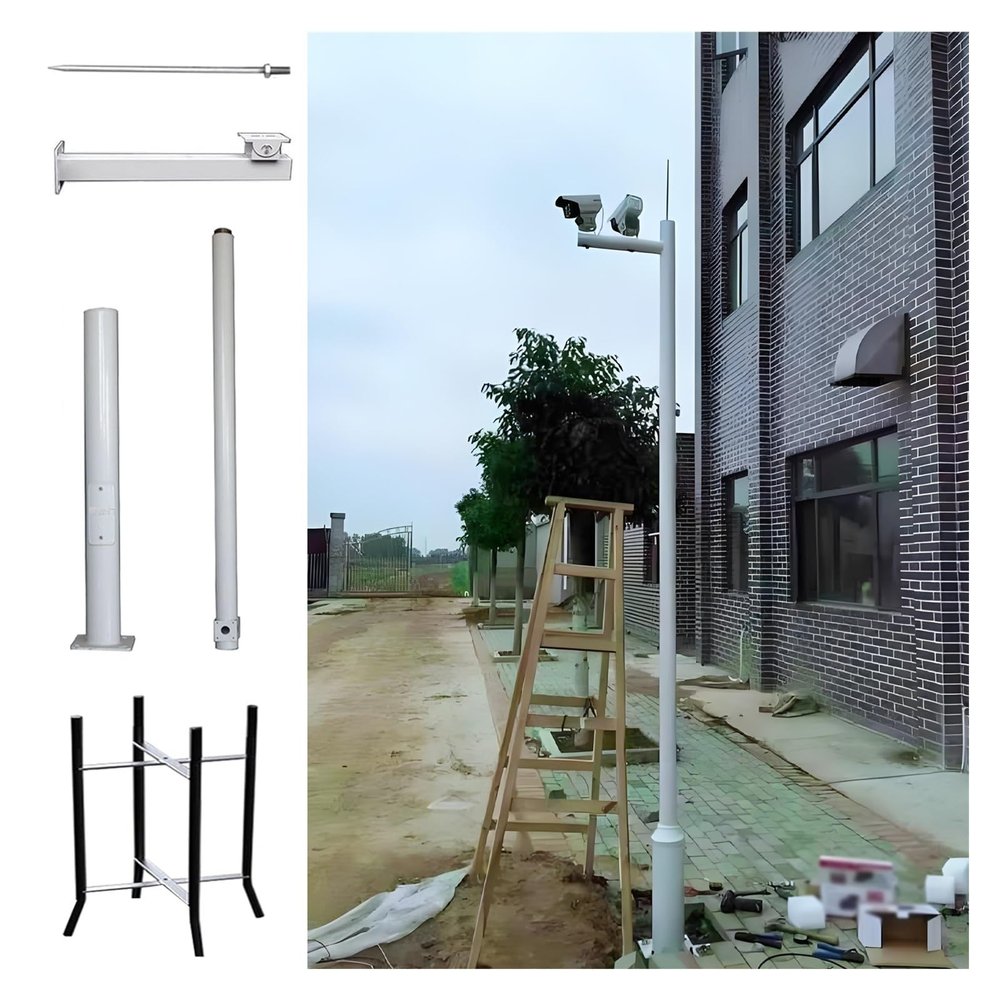 2 3 Sections Security Camera Mounting Bracket Extender Pole Long, Galvanized Steel Surveillance Camera Pole Post, Surveillance Post Stand for Highway(White-B,9 4/5'(300cm))