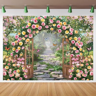 Spring Garden Flowers Backdrop Spring Floral Arch Butterfly Green Stone Background Rose Flowers Arch Wall Bridal Shower Wedding Anniversary Party Decor Banner Photo Prop (10x8FT(120x96 inch))