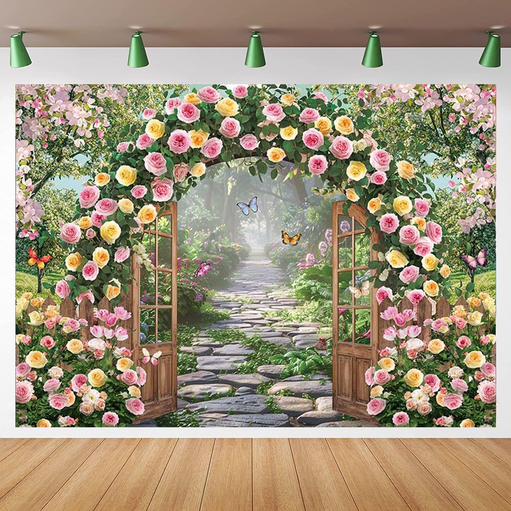 Spring Garden Flowers Backdrop Spring Floral Arch Butterfly Green Stone Background Rose Flowers Arch Wall Bridal Shower Wedding Anniversary Party Decor Banner Photo Prop (10x8FT(120x96 inch))