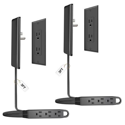 CABOCASA 2 Pack 3FT Flat Plug Extension Cord Power Strip with 3 Outlets, Patented Detachable Ultra Thin Outlet Cover Concealer & Ultra Flat Plug, Max. 13A 125V 1625W ETL Listed, Black Color