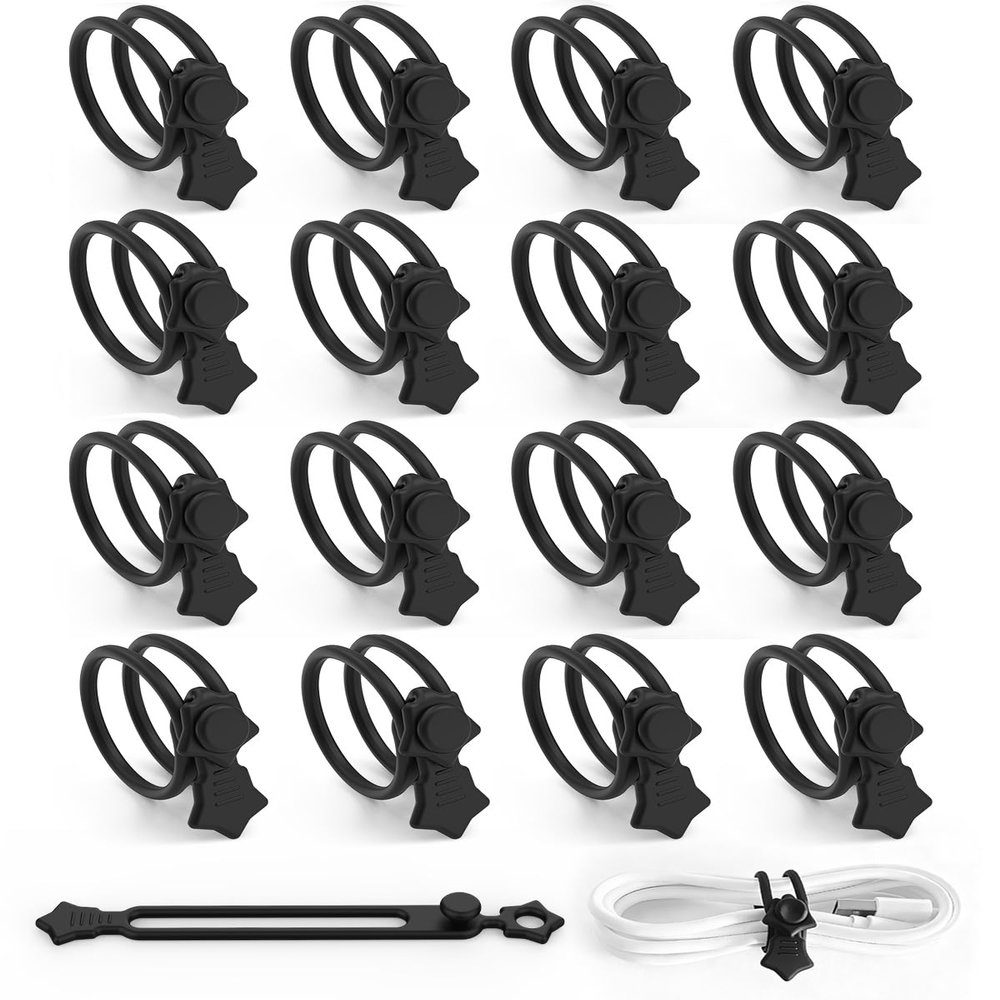 16 Pack Silicone Cable Ties, Reusable Star Design Cord Organizer Straps With 2 Binding Methos, Durable & Stretchable Wire Management for Home, Office, Travel (Black)