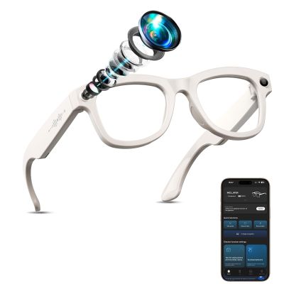 AI Smart Glasses with Camera Stabilization - 8MP POV Video Recording, Real-Time AI Translation, Smart Assistant, Dual-Mic Noise Canceling for Travel & Meetings - Anti-Blue Light, Beige Frame