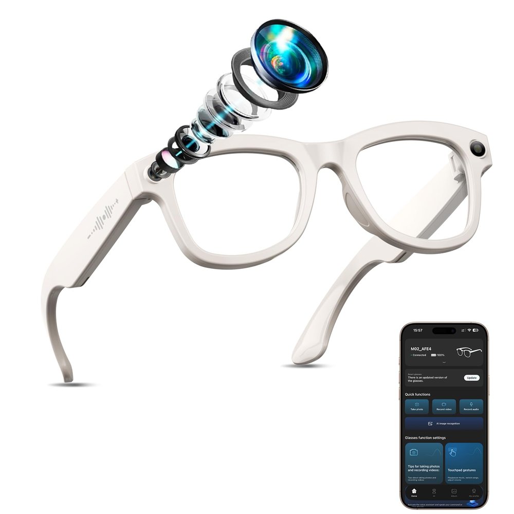 AI Smart Glasses with Camera Stabilization - 8MP POV Video Recording, Real-Time AI Translation, Smart Assistant, Dual-Mic Noise Canceling for Travel & Meetings - Anti-Blue Light, Beige Frame