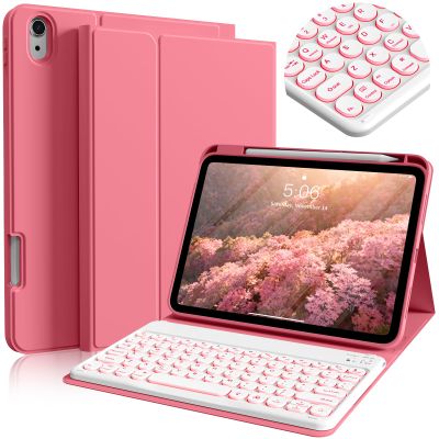 BQDIYOO Keyboard for iPad 11th Gen, 11/10.9inch iPad Case with Pencil Holder, A16 White Round Key case Wireless Backlight Keyboard Case Auto Wake/Sleep, Red