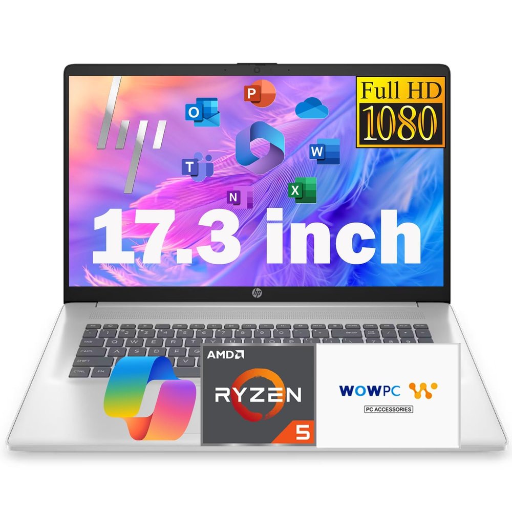 HP New 17.3 Inch FHD Business Laptop with MS Office for The Web, Powerful AMD Ryzen 5 7430U (Beats Core i7-1355U), 8GB RAM, 756GB SSD(500GB External), Windows 11, HDMI, Wi-Fi 6, WOWPC 3-in-1, No Mouse