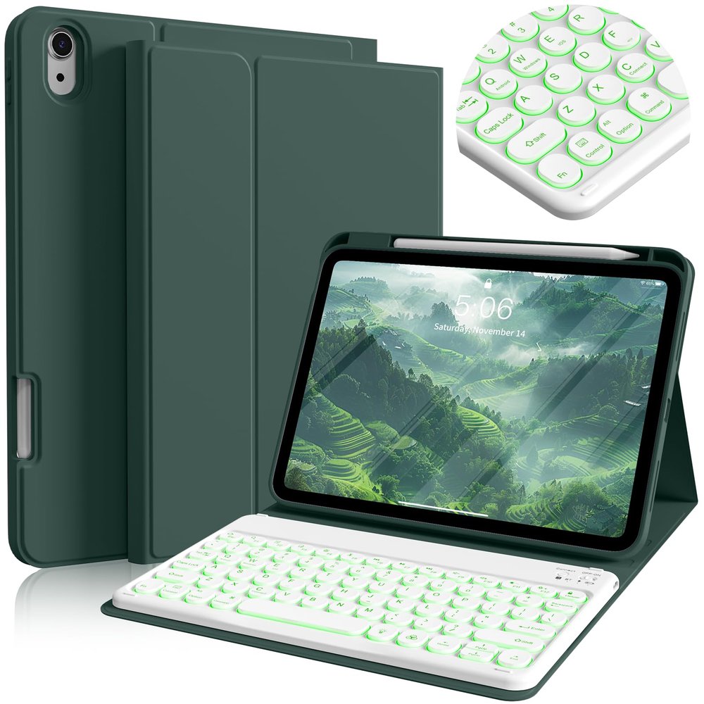 BQDIYOO Keyboard for iPad Air 11-inch M3/M2 (2025/2024), iPad Air 7th/6th 11" Air 5th/4th Gen 10.9 inch White Round Key case with Wireless Backlight Keyboard Case Auto Wake/Sleep, Dark Green