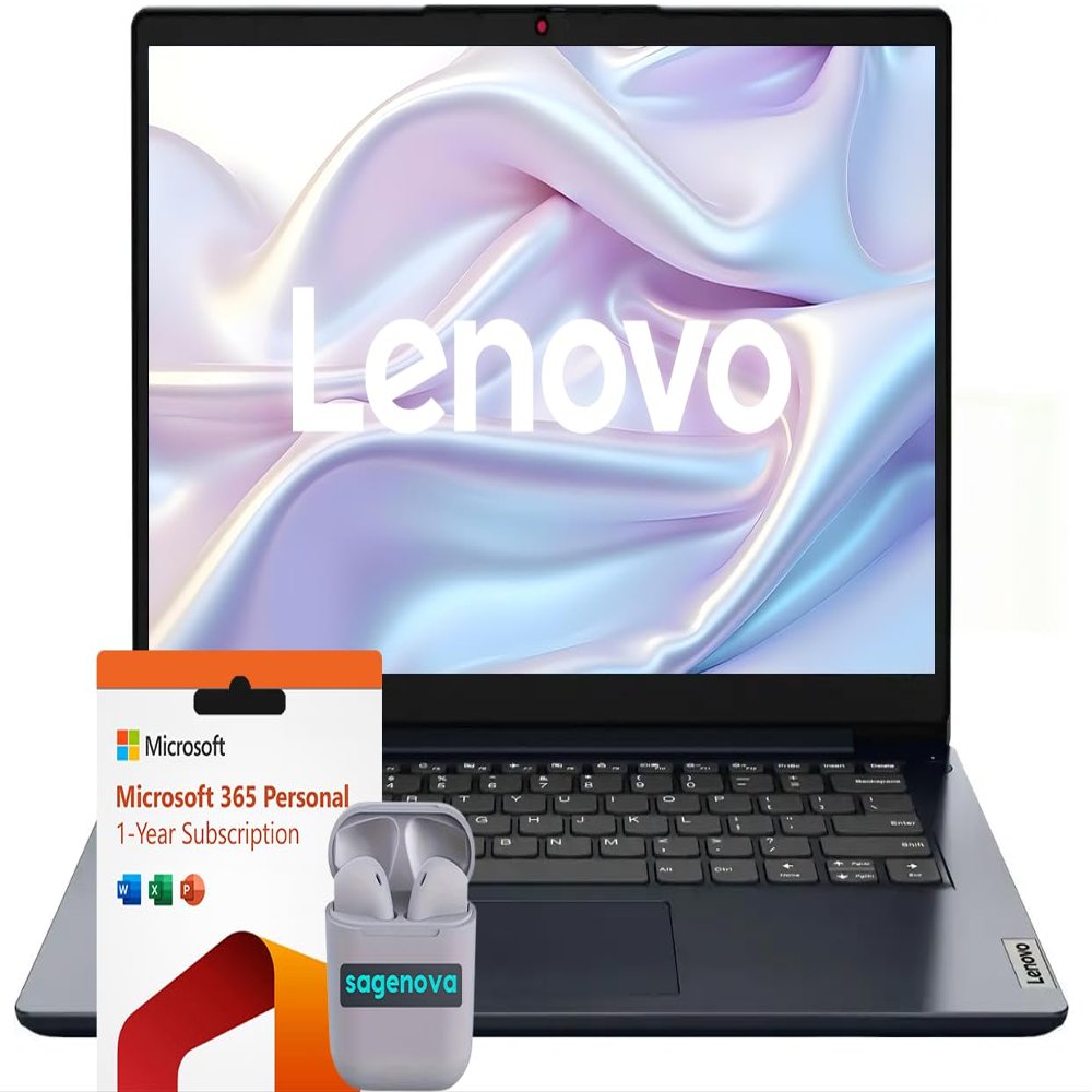 Lenovo IdeaPad 14" Laptop Computer, 4GB RAM 128GB eMMC, Intel Celeron N4020, 1-Year Microsoft Office 365, Windows 11 S, SageNova Earphones, Abyss Blue