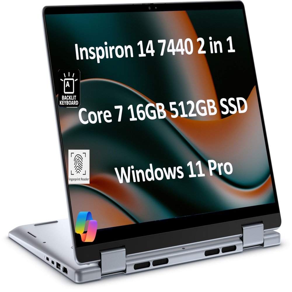 Dell Inspiron 14 7440 2-in-1 Business Laptop (14" FHD+ Touchscreen, Intel Core 7 150U(> i7-1355U), 16GB RAM, 512GB SSD) Fingerprint Reader, Backlit Keyboard, FHD webcam, Win 11 Pro w/ AI Copilot