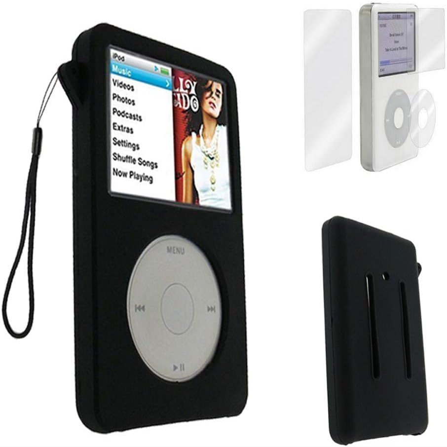 Silicone Skin Case Cover for iPod Classic 6th 7th 80GB 120GB 160GB and iPod Video 5th 30gb, Plastic, with Screen Protector (Black)