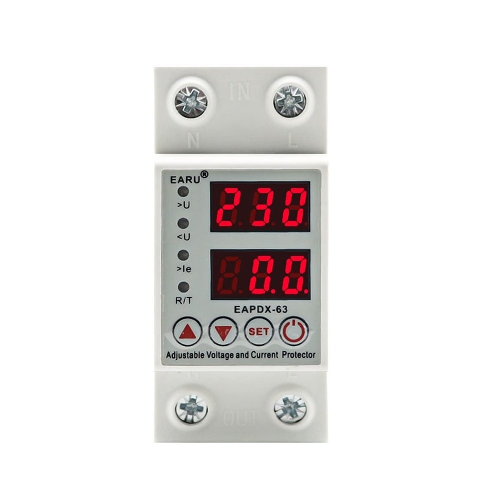 40A 63A 230V Din Rail Adjustable Over Voltage and Under Voltage Protective Device Protector Relay Over Current Protection Limit(Voltage Current,63A)