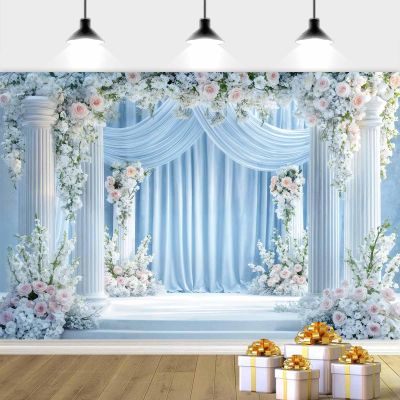 10X10ft Wedding Backdrop Blue and White Floral Backdrop, Luxurious Palace Wedding Background Elegant Wedding Party Bridal Shower Decorations Baby Shower Birthday Background Banner, Blue-2