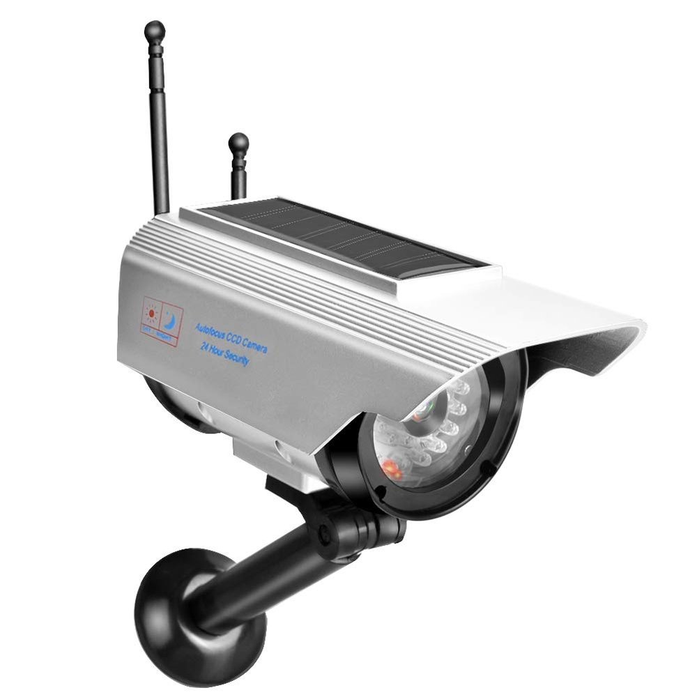 ACOGEDO Solar Power LED Fake Camera Outdoor Silver Dummy Camera Bracket and LED Make Dummy CameraFake CameraDummy Fake CameraDummy Dome Surveillance