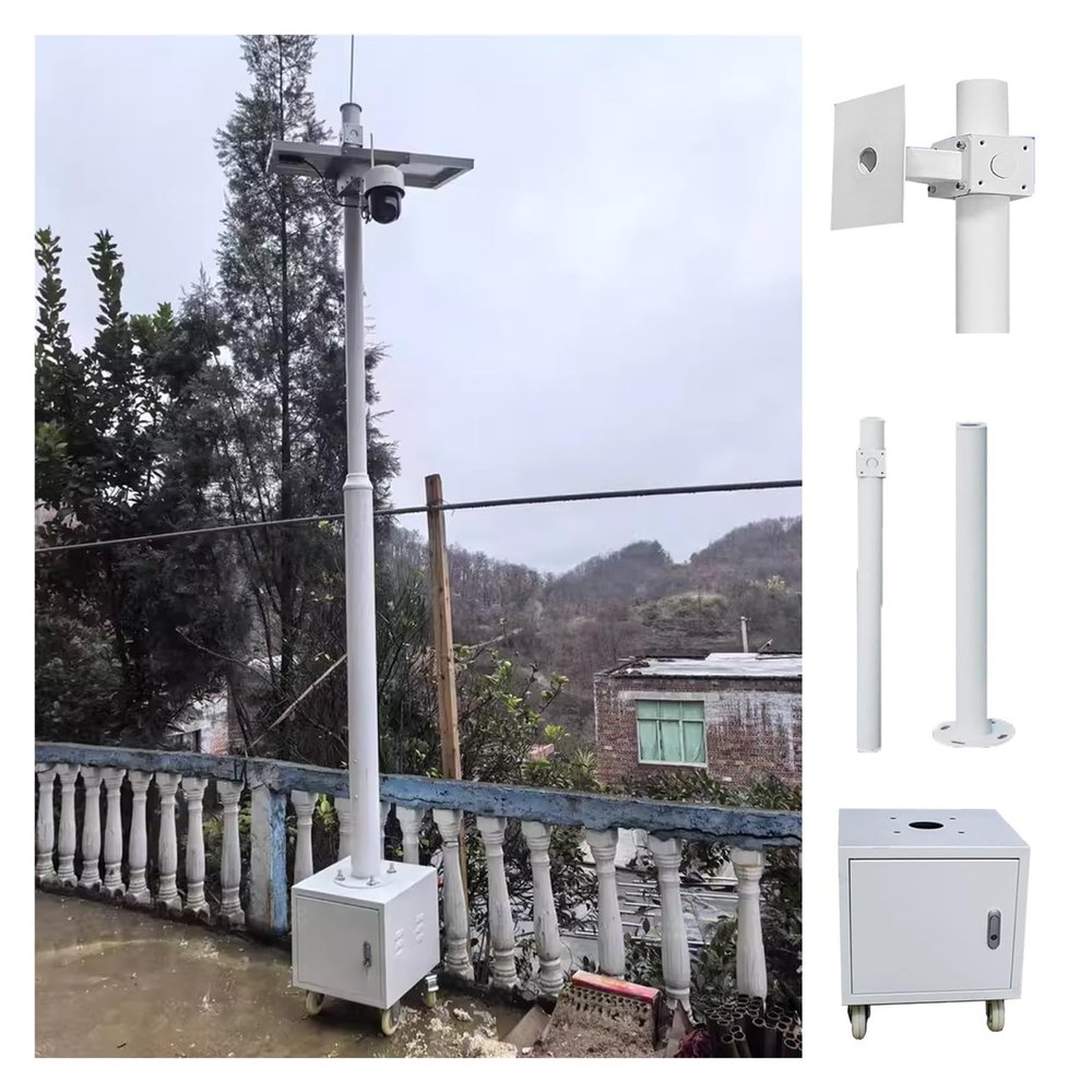 Mobile Solar Panels/Camera Mounting Bracket Pole with 4 Caster & 1 Lockable Storage Box, 90.6 110 130 157.5 177in Assemble Surveillance Camera Pole(White-C,13 1/10 ft(4m))
