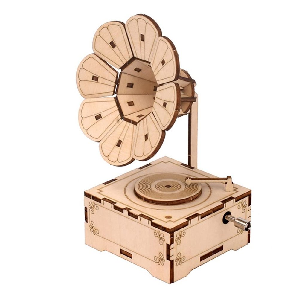 1 Set Wood Phonograph Gramophone Music Player Model Wooden for Kids Children Puzzle Handmade Assembled Toy Gifts Home Decor