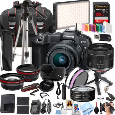 Canon EOS R8 24.2MP Full-Frame CMOS Sensor Mirrorless Camera with 24-50mm Lens +128GB Extreme Memory, LED Video Light, Wide Angle Lens, Telephoto Lens, 3pc Filter Kit- 42pc Pro Bundle (Renewed)