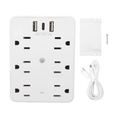 Fafeicy 6 Outlet Power Strip with Shelf, Protector Power Board with 6 AC Outlets 2 USB A 1 Type C Ports, 1875W High Rating, Retardant PC Material