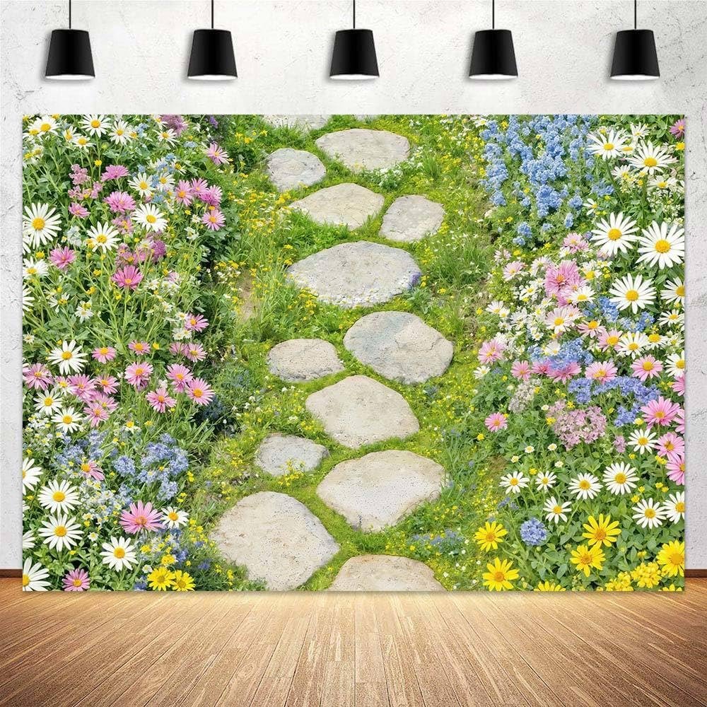 15 x 10 ft Spring Backdrop Flower Garden Green Grass Lawn Stone Wildflowers Photography Backdrop Forest Nature Kids Adults Birthday Party Portrait Photo Booth Prop