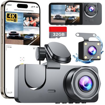 3 Channel Dash Cam Front and Rear Inside, Bulit a 32GB Card, Dash Camera for Cars,4K Full HD 2.0'' IPS Screen Dashcam with G-Sensor, IR Night Vision, WDR, Loop Recording, 24H Parking ModeXC-X37