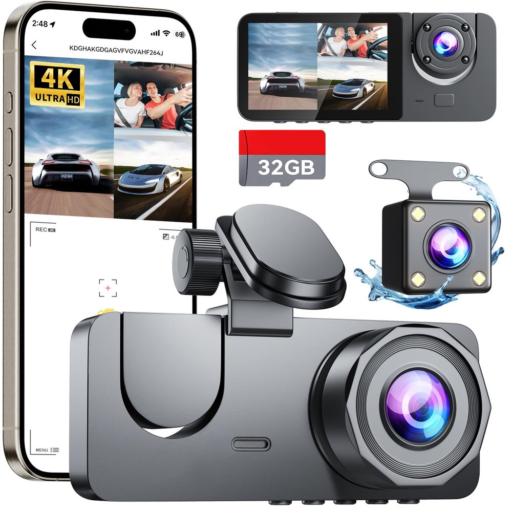 3 Channel Dash Cam Front and Rear Inside, Bulit a 32GB Card, Dash Camera for Cars,4K Full HD 2.0'' IPS Screen Dashcam with G-Sensor, IR Night Vision, WDR, Loop Recording, 24H Parking ModeXC-X37