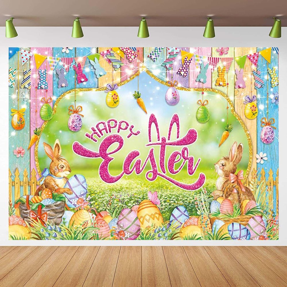 Spring Easter Backdrop Happy Easter Garden Eggs Rabbit Grass Photoshoot Background Colorful Wood Wall Spring Bunny Party Decoration Banner Booth Props (10x8FT(120x96 inch))