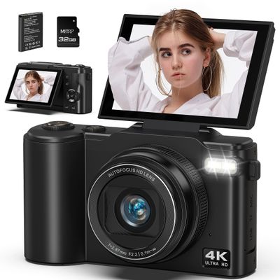 4K Digital Camera for Photography, 64MP Vlogging Camera for YouTube with 180 Flip Screen, 18X Zoom UHD Autofocus Video Camara, Compact with 32GB Micro SD Card for Kids, Teens, Boys & Girls, Beginners