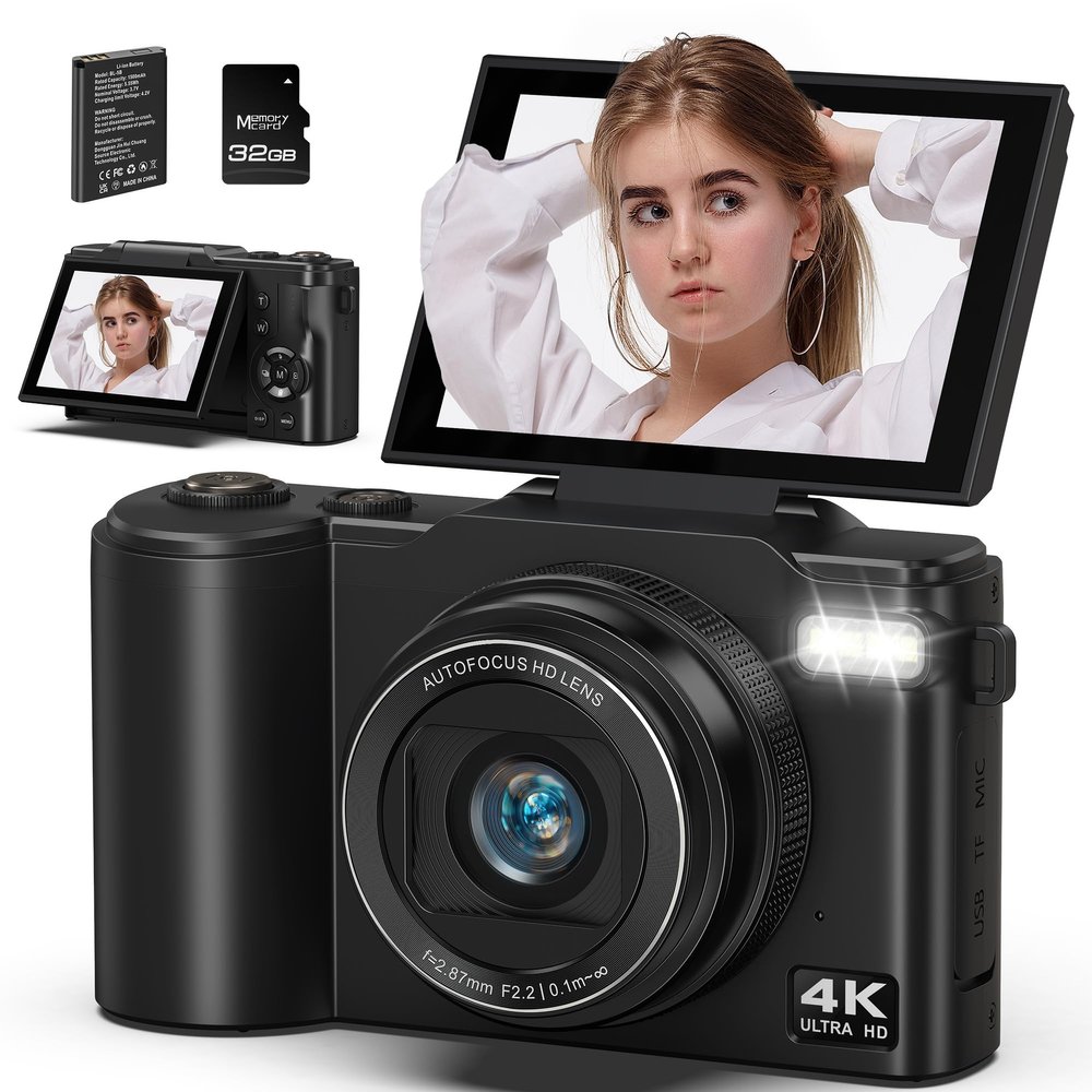 4K Digital Camera for Photography, 64MP Vlogging Camera for YouTube with 180 Flip Screen, 18X Zoom UHD Autofocus Video Camara, Compact with 32GB Micro SD Card for Kids, Teens, Boys & Girls, Beginners