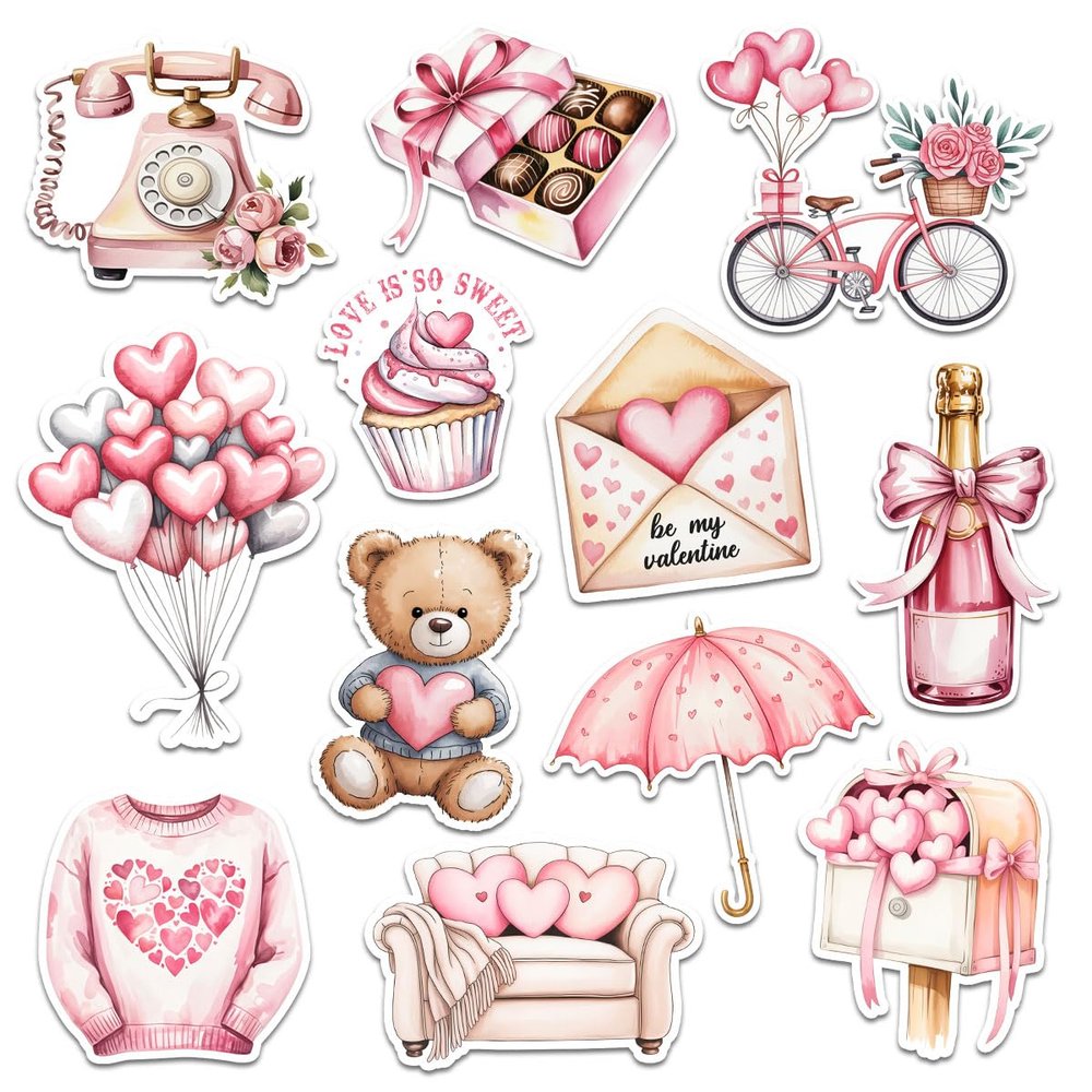12 Pcs Sweet Valentine Pink Aesthetic Stickers Romantic Love Designs Gifts for Teens Girls Wife Husband Boyfriend Girlfriend for Laptop Water Bottle Tumbler Notebook Journal Scrapbook Phone 6 Inches