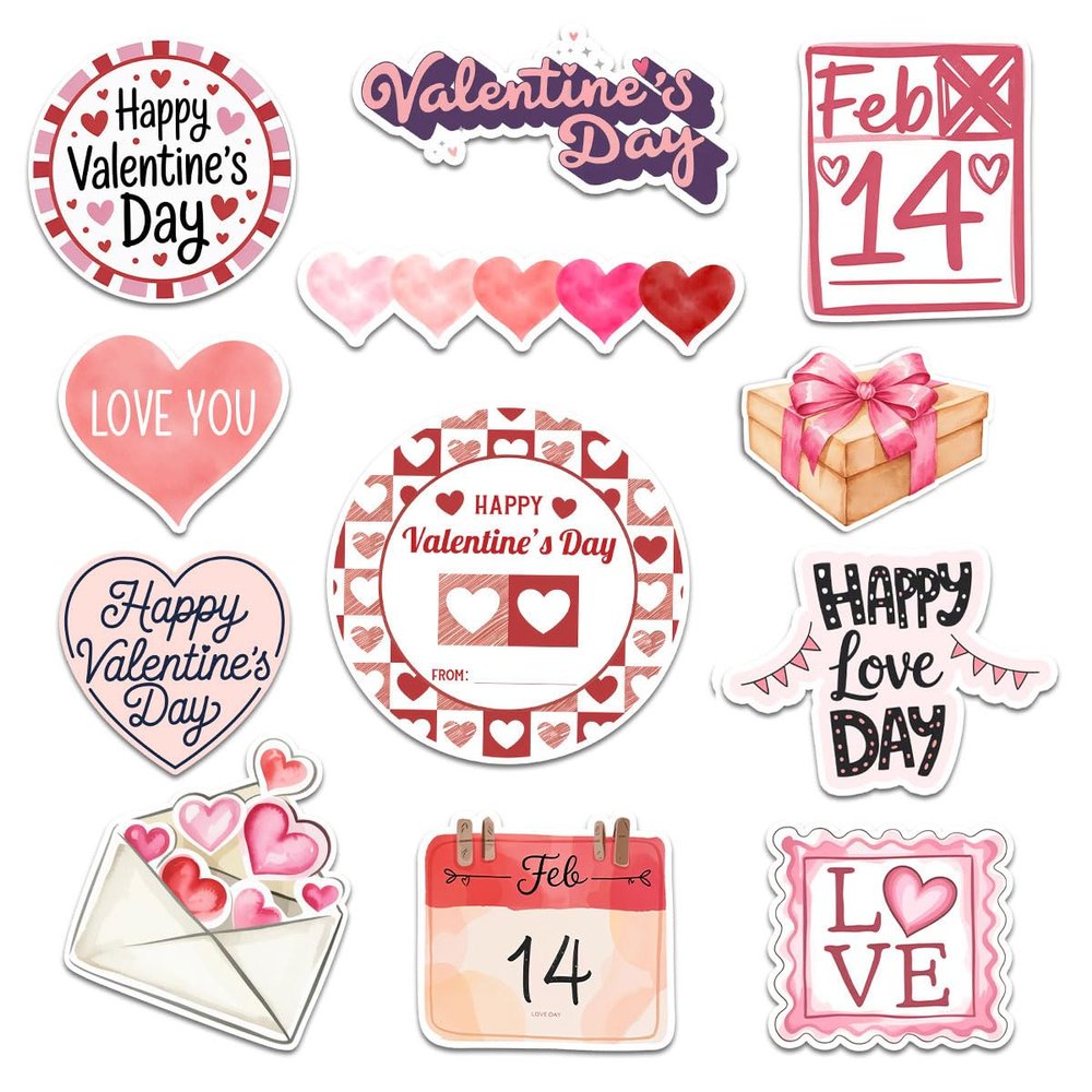 12 Pcs Valentine Love Theme Stickers Cute Heart Graphics Gifts for Kids Teens Students Teachers Classmates for Laptop Bottle Tumbler Notebook Scrapbook Phone Case Decoration 6 Inches