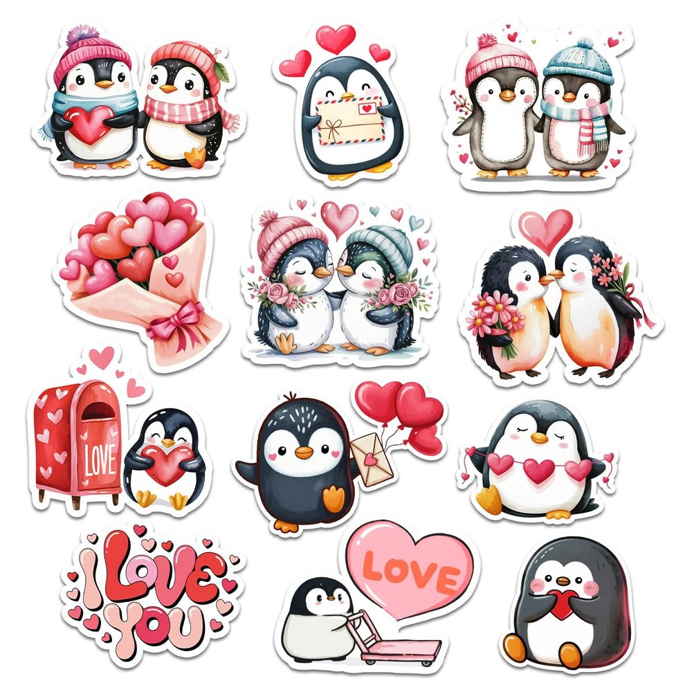 12 Pcs Valentine Penguin Love Stickers, Romantic Couple Designs Gifts for Wife Husband Boyfriend Girlfriend for Laptop Water Bottle Tumbler Notebook Journal Scrapbook Phone Case Decoration 4 Inches