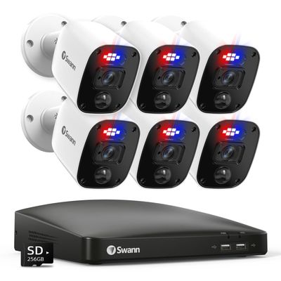Swann Home Security Camera System,6 Cams H.265 Wired with Person Vehicle Detection, 2k 8CH Surveillance DVR Kit-Deterrent Red & Blue Lights, Color Night Vision,24/7 Recording,8468562KMQB