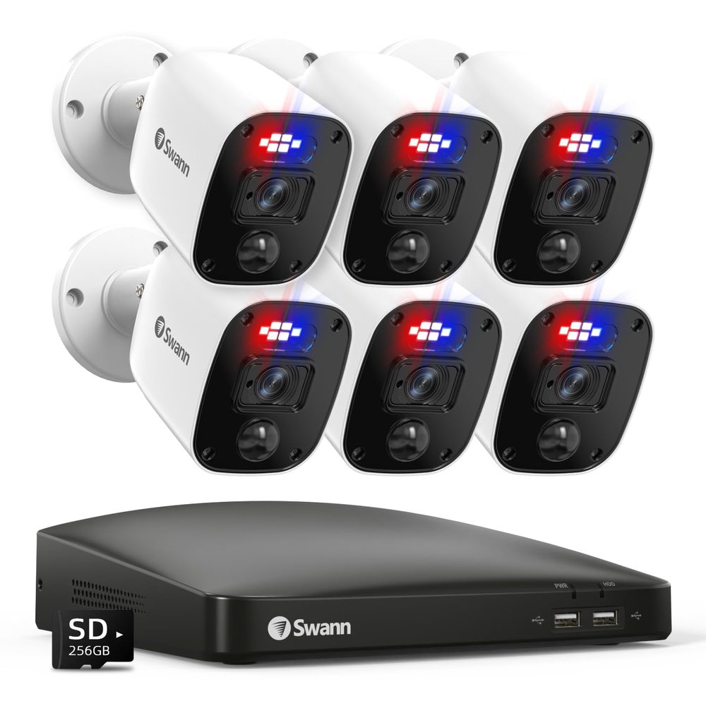 Swann Home Security Camera System,6 Cams H.265 Wired with Person Vehicle Detection, 2k 8CH Surveillance DVR Kit-Deterrent Red & Blue Lights, Color Night Vision,24/7 Recording,8468562KMQB